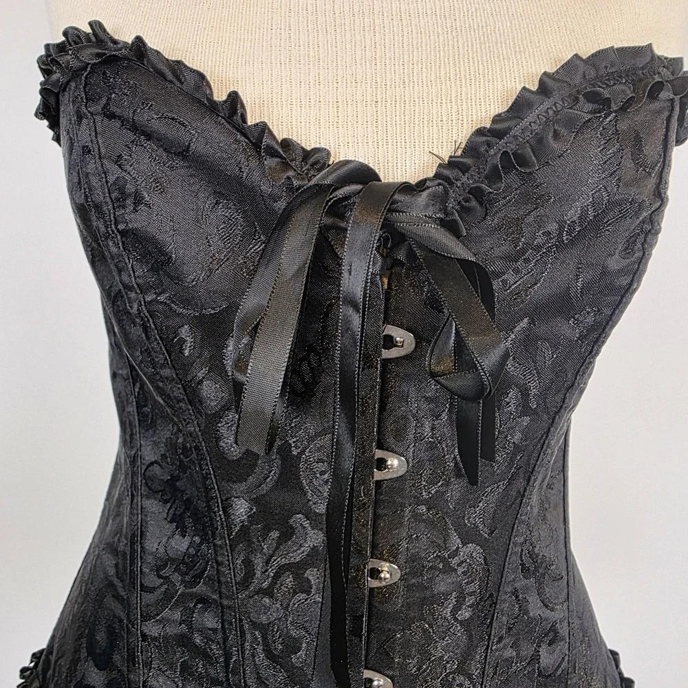 Black Lace-Up Corset Bustier Boned Gothic Steampunk Ruffle Trim Size M Victorian